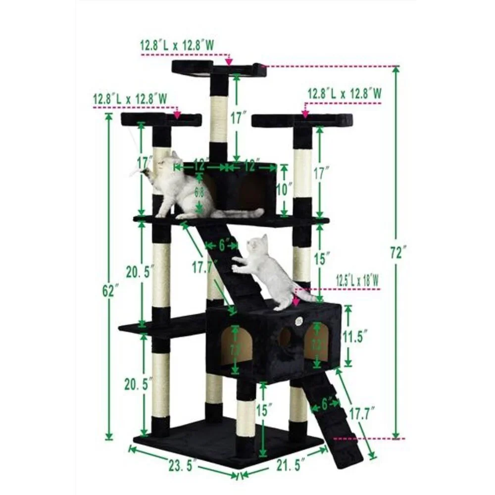 Tall Cat Tree Tower with Cat Condos Play Scratch Activity with Toy, Black, 72